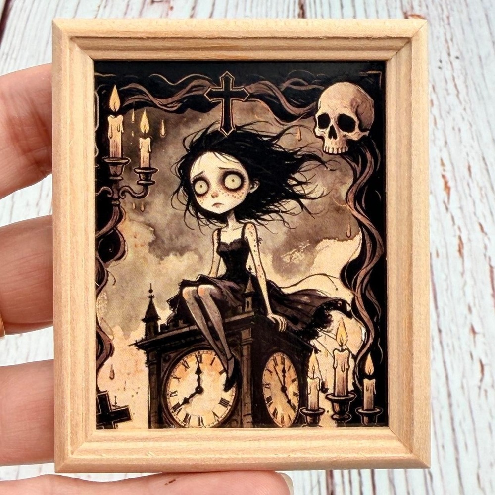 Gothic Girl Clock Tower Miniature Wood Frame Magnet Upcycled Art Skulls